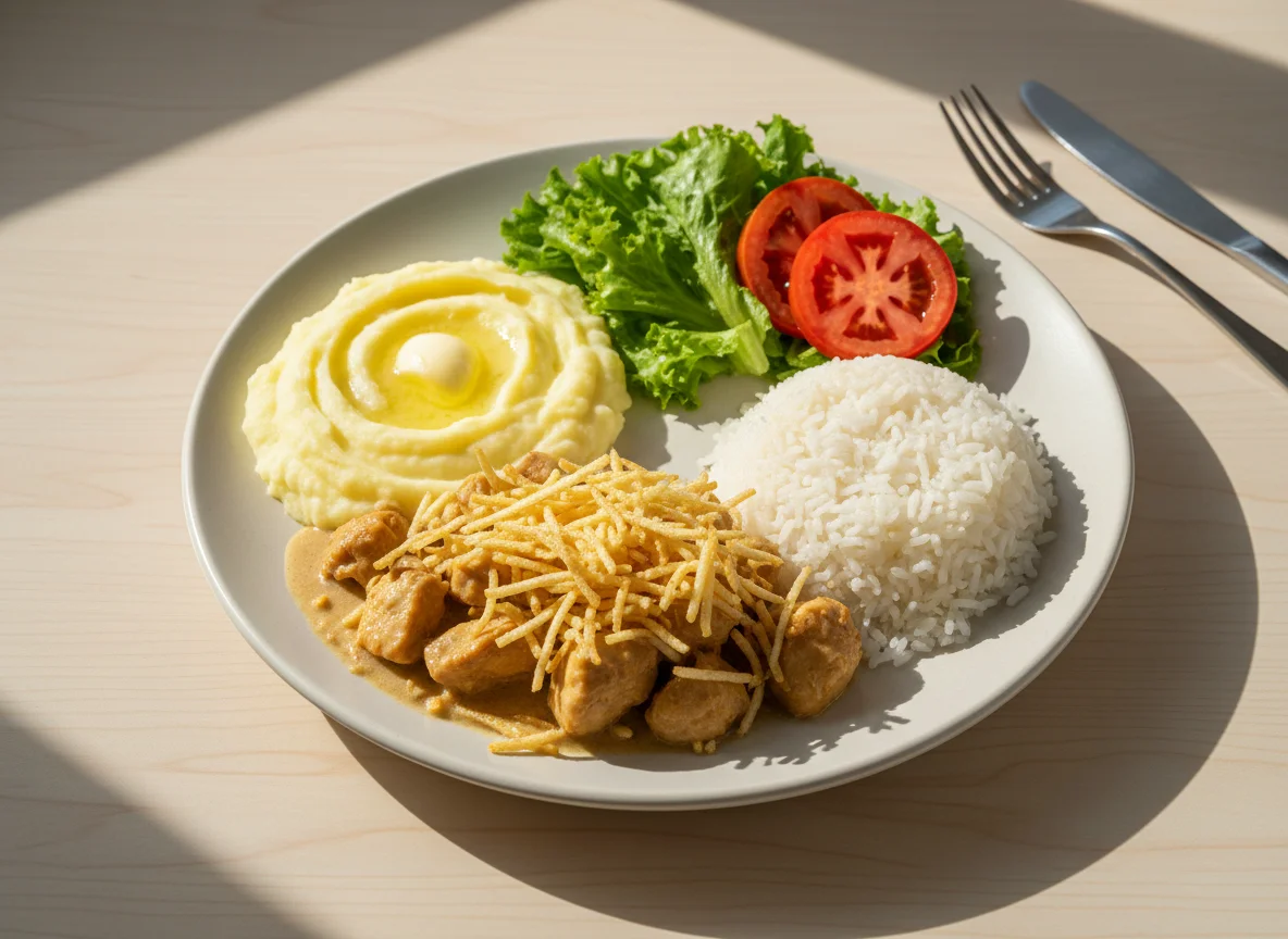 Prato feito com purê, estrogonofe de frango com batata palha, arroz e salada photo
