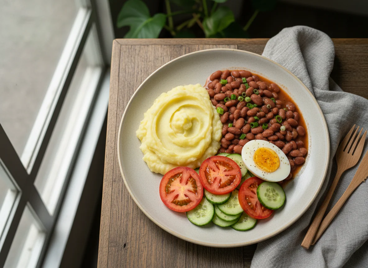 Prato feito com purê, feijão, salada e ovo cozido photo
