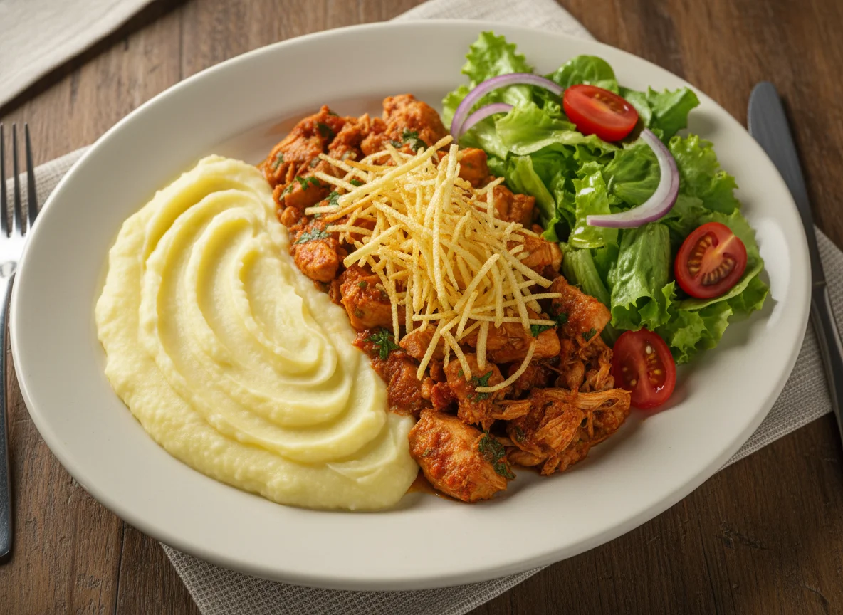Prato feito com purê, frango, batata palha e salada photo