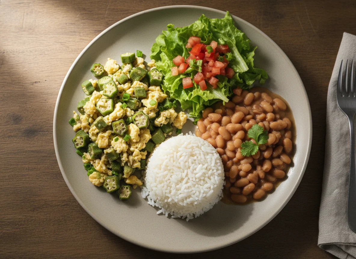 Prato feito com quiabo, ovos, arroz, feijão e salada photo