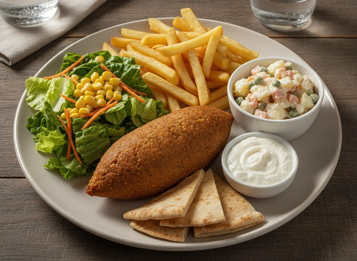 Prato feito com quibe, batata frita e saladas photo