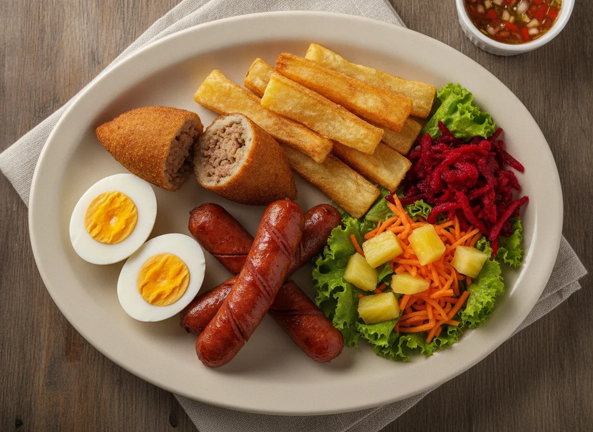 Prato feito com quibe, ovo, linguiça e salada photo