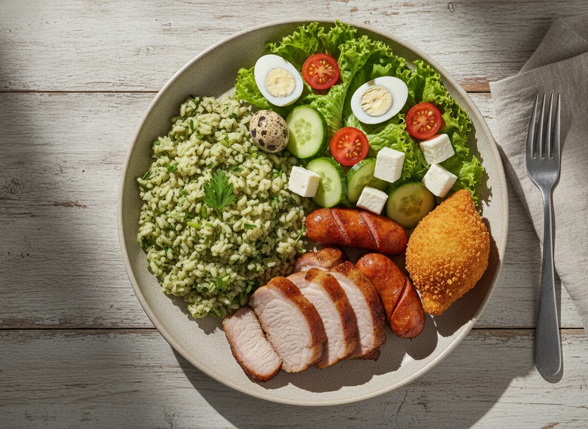 Prato feito com risoto, carne de porco, empanado e salada photo