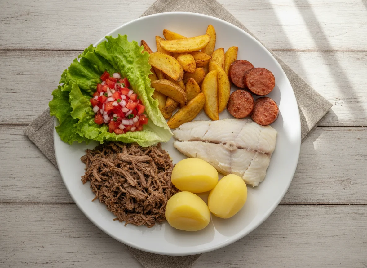 Prato feito com salada, carne desfiada, peixe e batatas photo