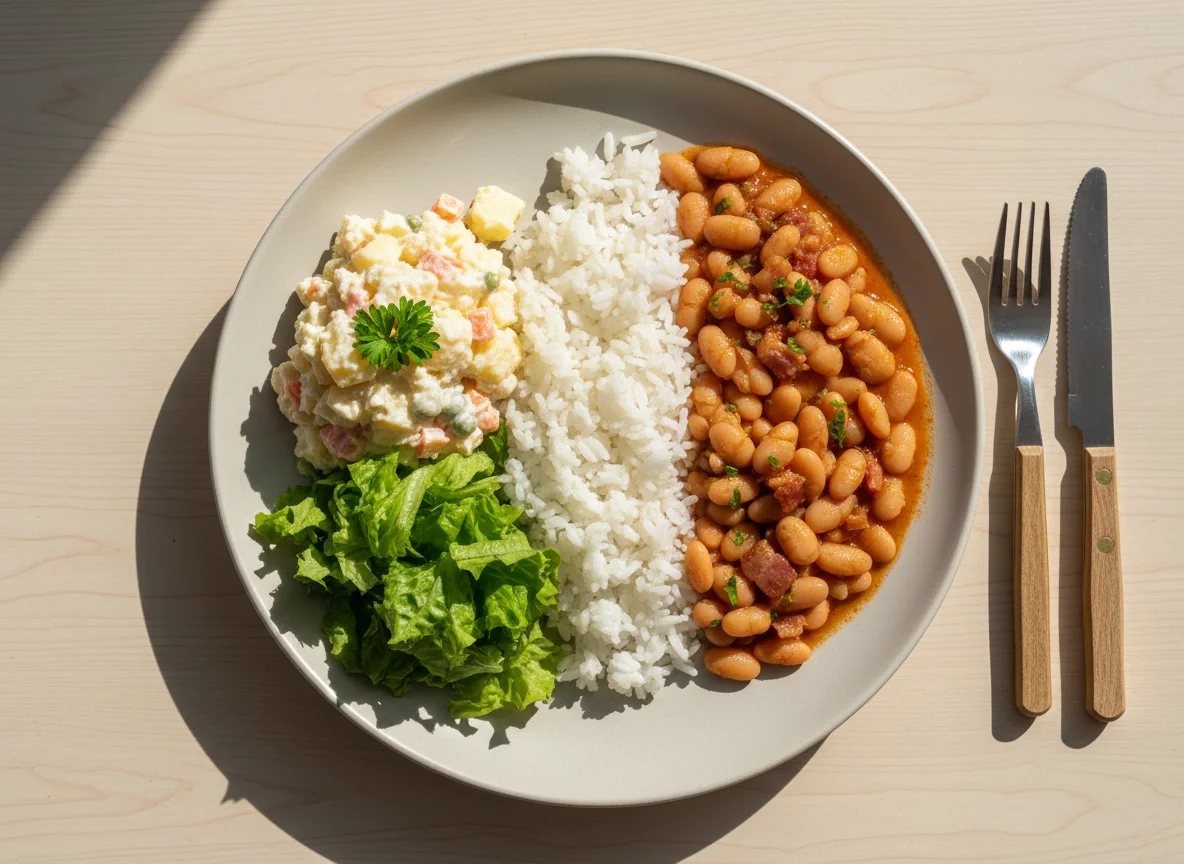 Prato feito com salada de maionese, alface, arroz e feijão photo