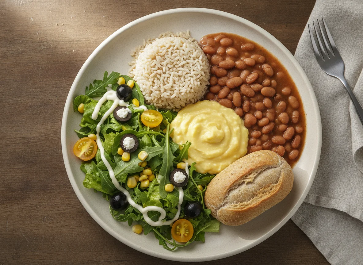Prato Feito com Salada, Feijão, Arroz e Creme de Milho photo