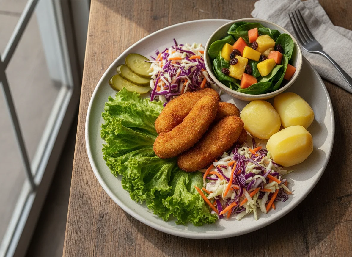 Prato feito com saladas, batata e banana empanada photo