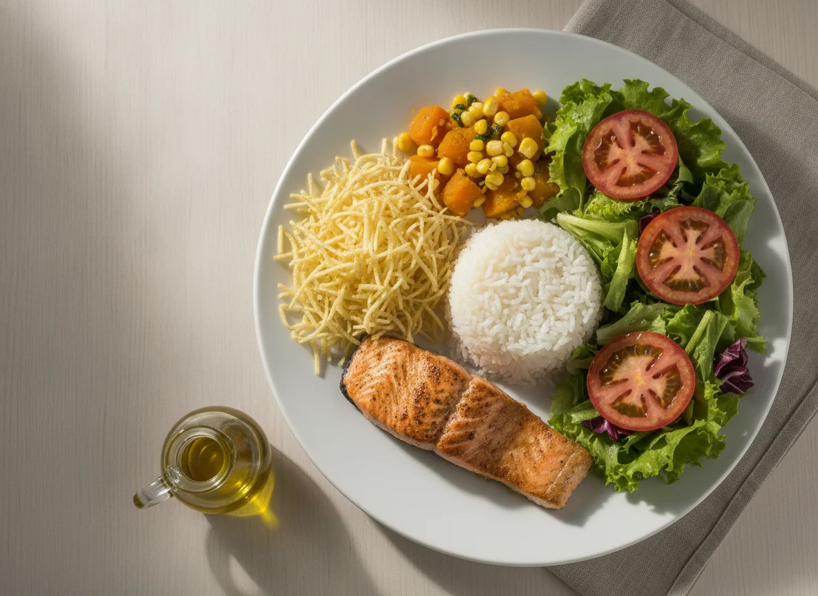 Prato feito com salmão, arroz, batata palha e salada photo