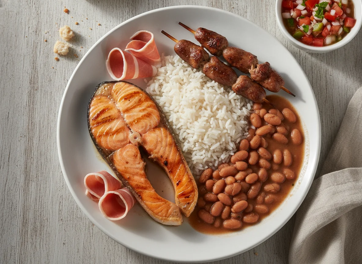Prato feito com salmão, arroz, feijão, corações de frango e vinagrete photo
