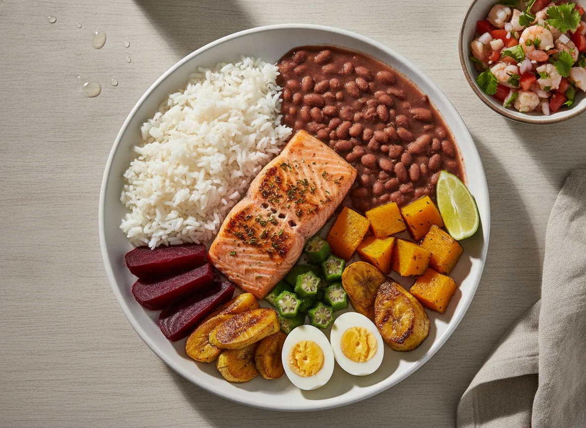 Prato Feito com Salmão, Arroz, Feijão e Legumes photo