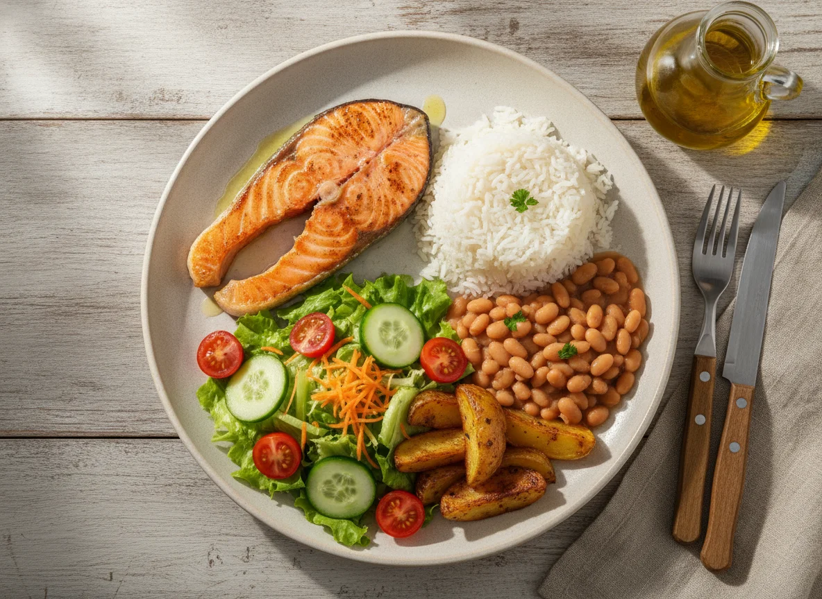 Prato Feito com Salmão, Arroz, Feijão e Salada photo