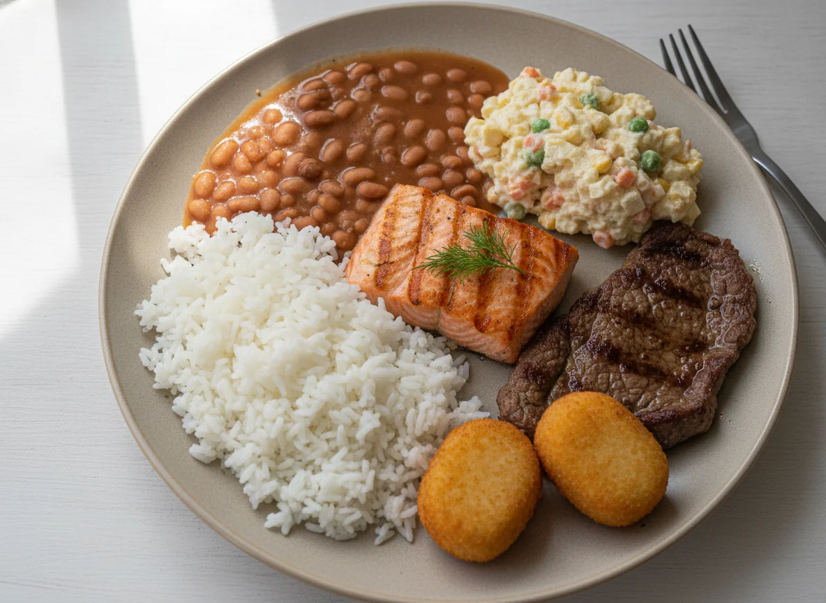 Prato Feito com Salmão, Arroz, Feijão e Salada de Maionese photo