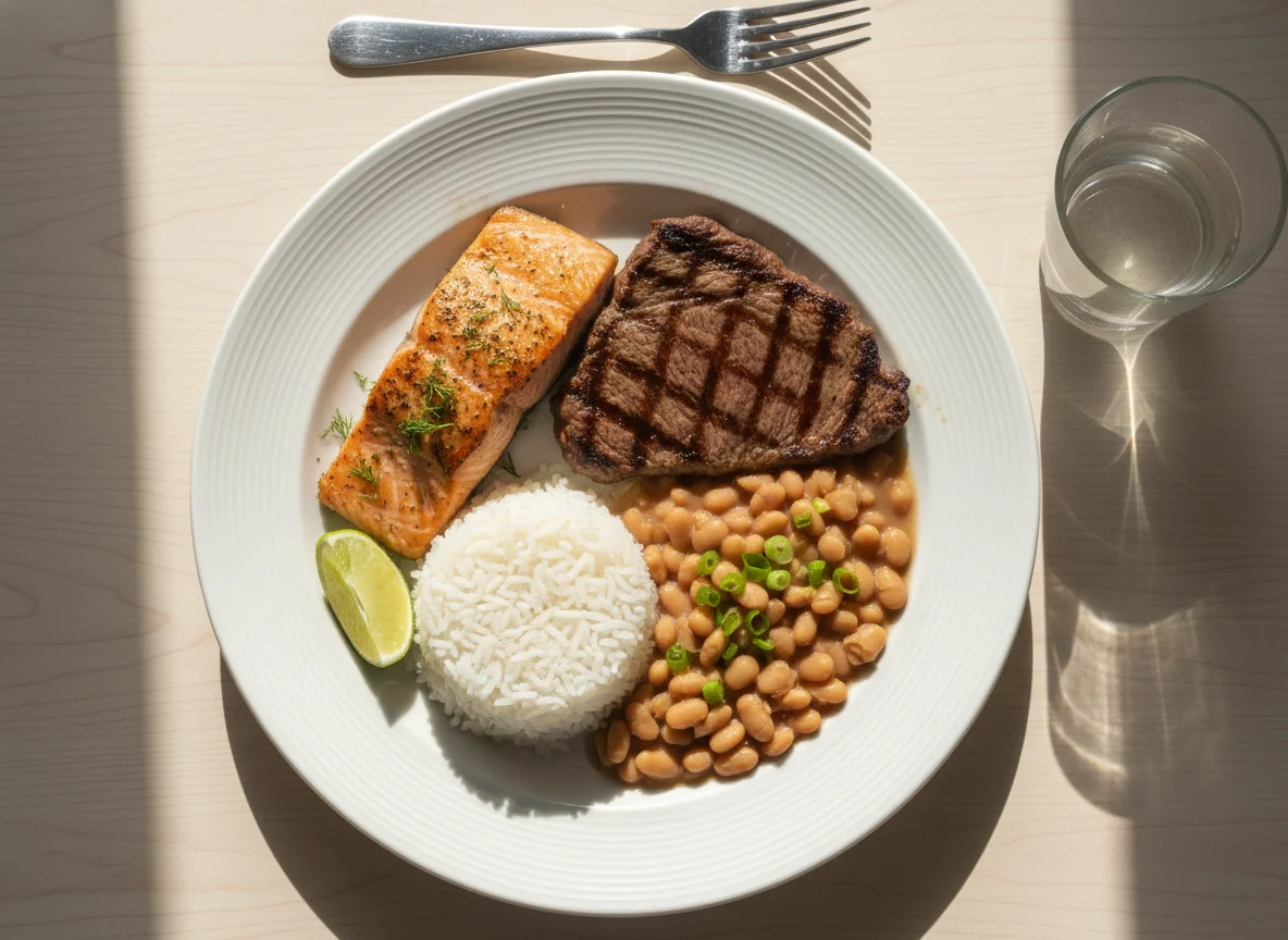 Prato feito com salmão, carne, arroz e feijão photo