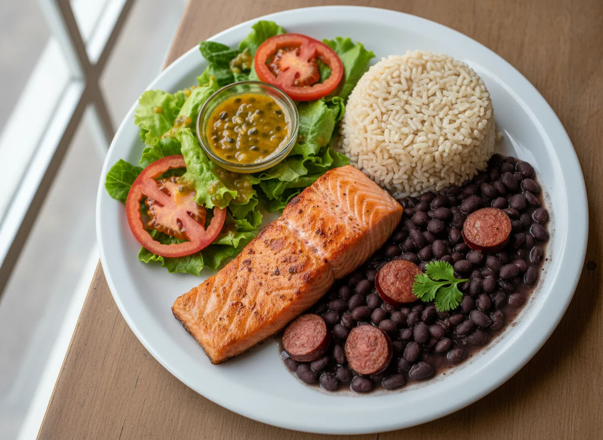 Prato feito com salmão, feijão, arroz e salada photo