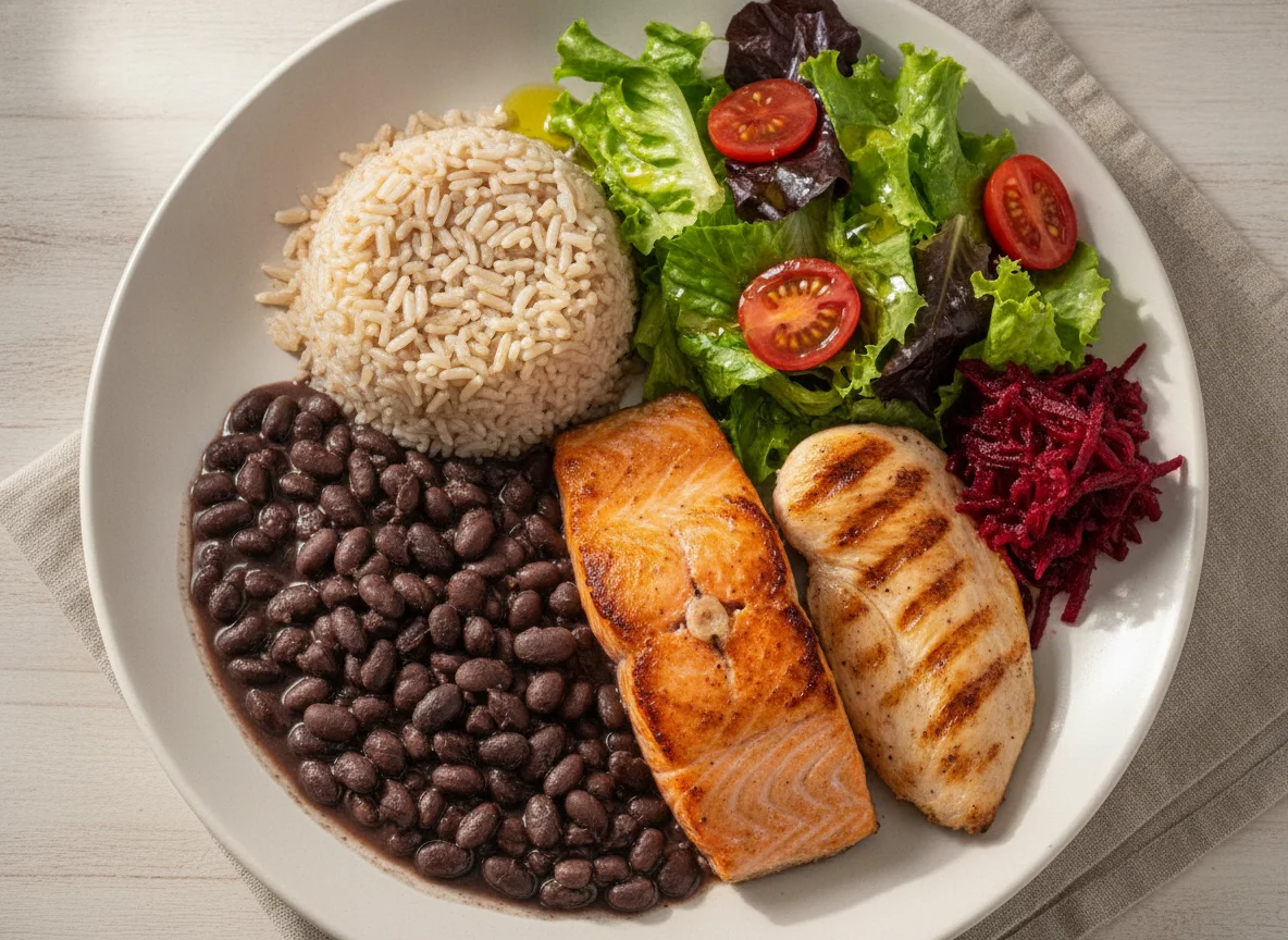 Prato Feito com Salmão, Frango, Arroz, Feijão e Salada photo