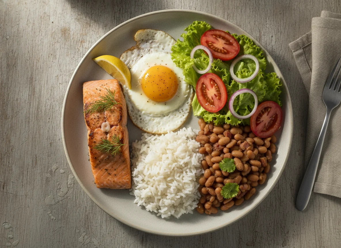 Prato feito com salmão, ovo, arroz, feijão e salada photo