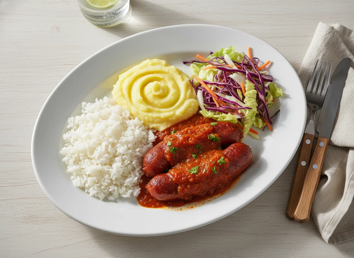 Prato feito com salsicha, purê, arroz e salada photo