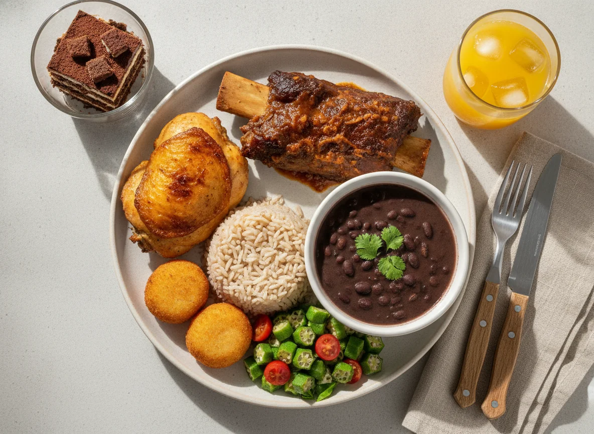 Prato feito com sobrecoxa, costela, arroz, feijão, salada e pavê photo