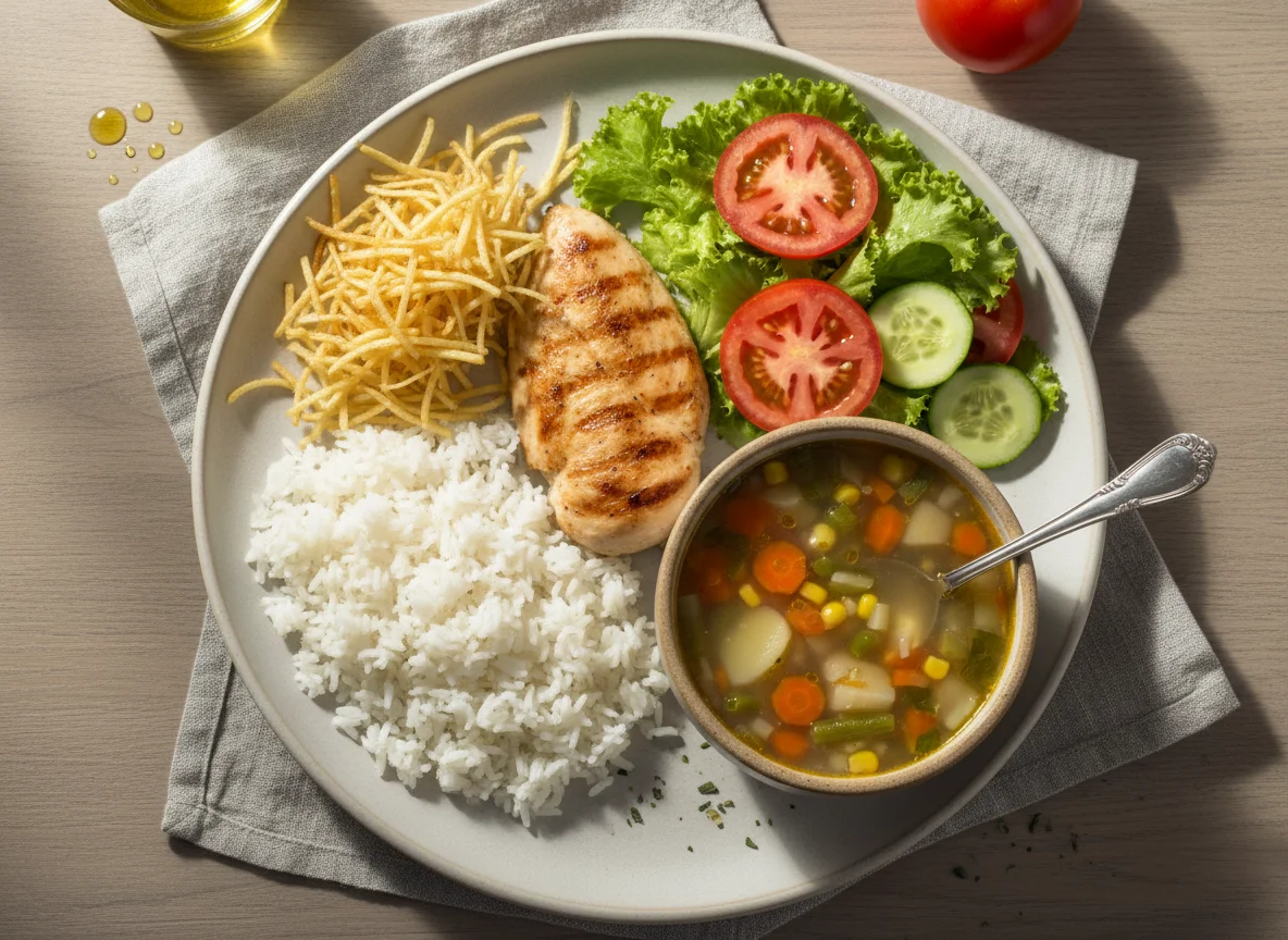 Prato feito com sopa e salada photo