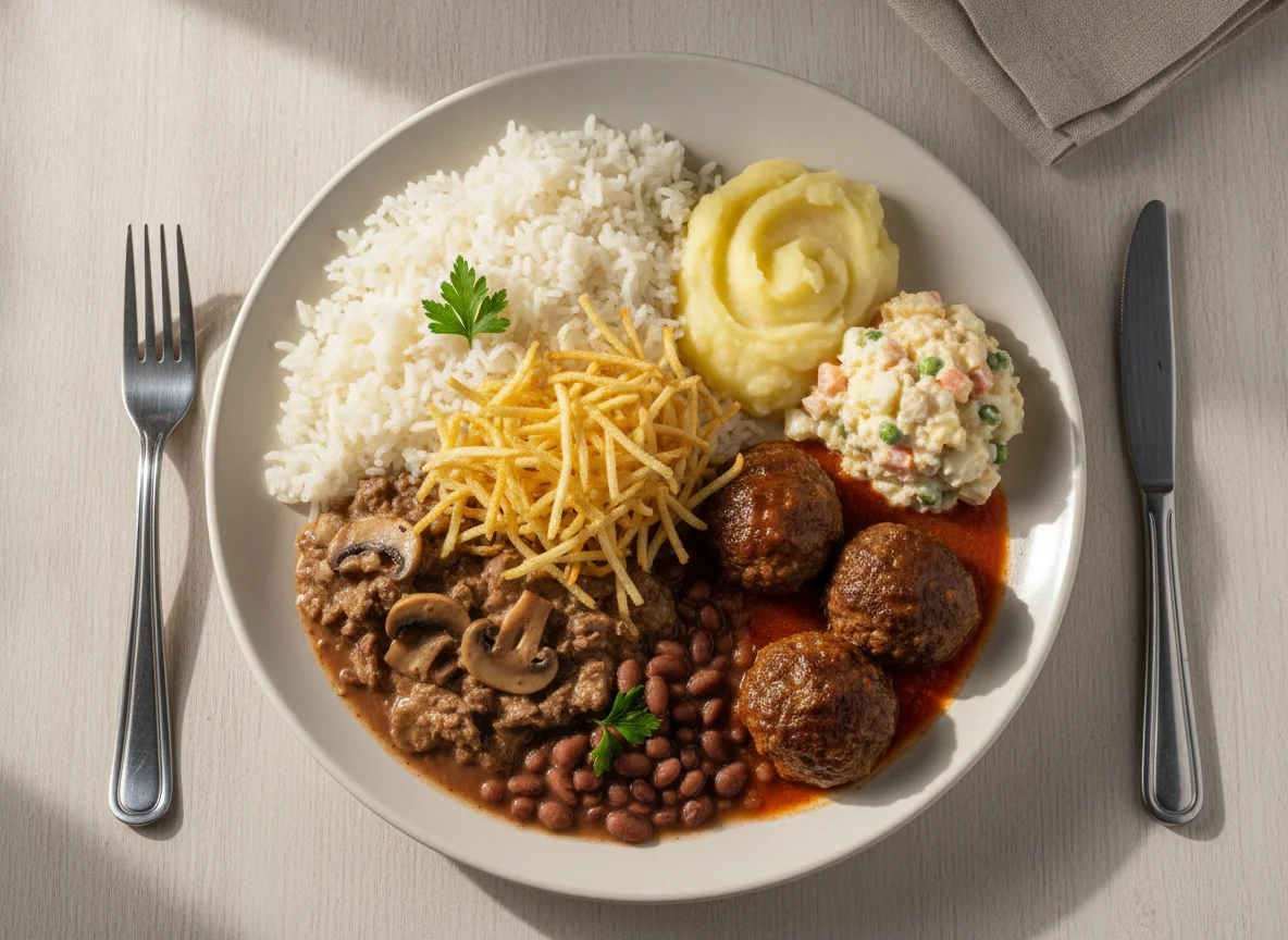 Prato Feito com Strogonoff, Arroz, Feijão, Purê, Almôndegas e Salada de Maionese photo