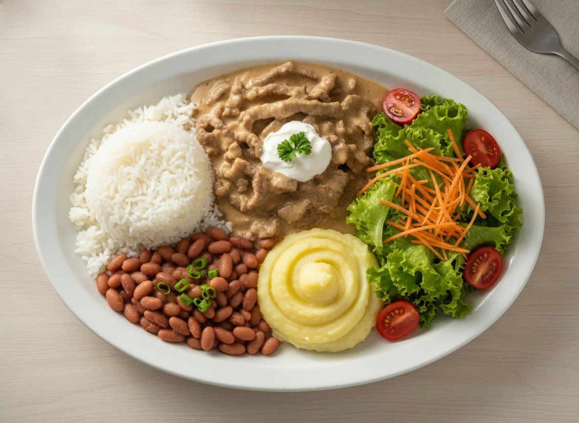 Prato Feito com Strogonoff de Carne, Arroz, Feijão, Purê de Batata e Salada photo