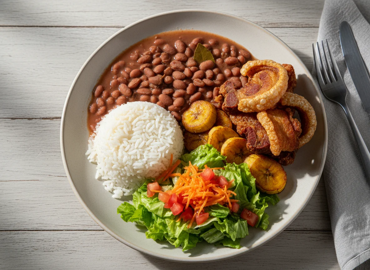 Prato feito com torresmo, arroz, feijão e salada photo