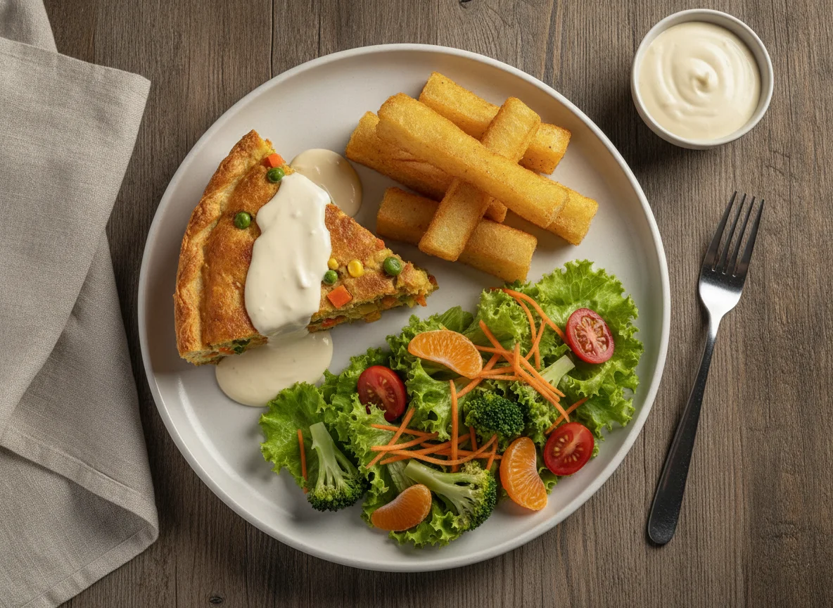 Prato feito com torta salgada, mandioca frita e salada photo