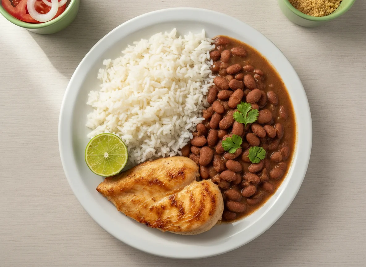 Prato feito de arroz, feijão e frango photo