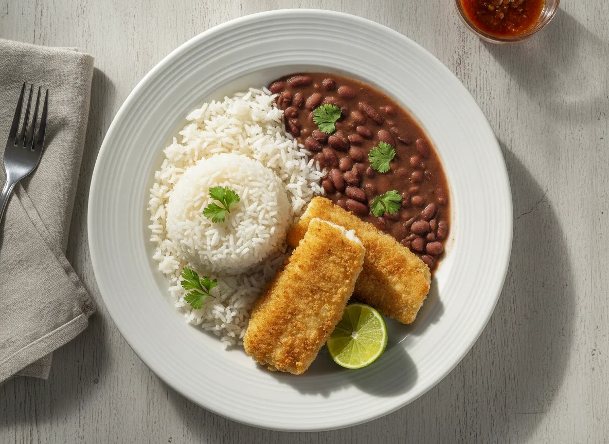 Prato feito de arroz, feijão e peixe frito photo