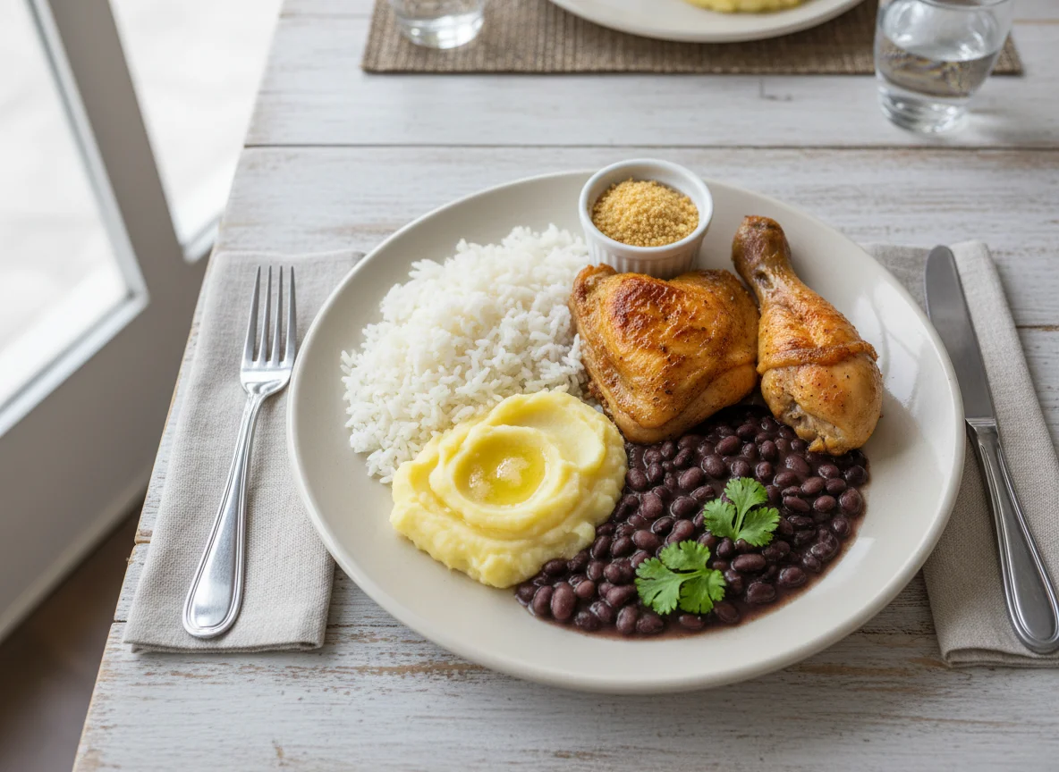 Prato feito de frango assado com arroz, feijão e purê photo