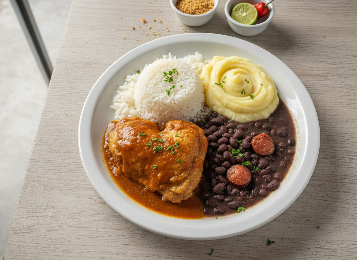 Prato Feito de Frango com Arroz, Feijão e Purê photo