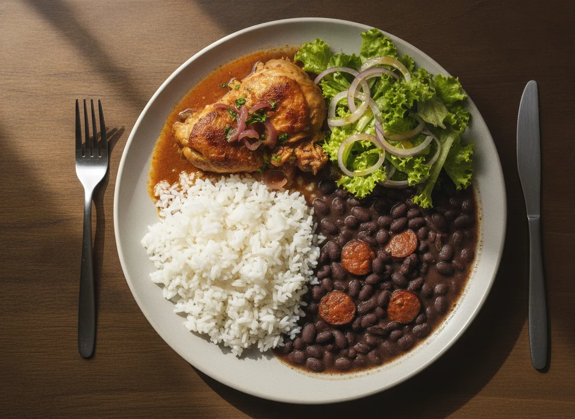Prato feito de frango ensopado com arroz, feijão e salada photo