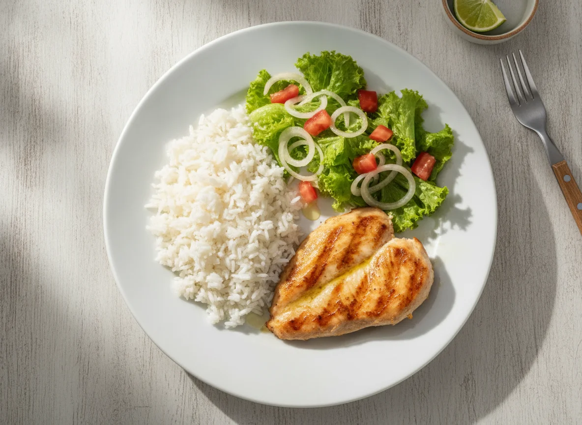 Prato feito de frango grelhado, arroz e salada photo