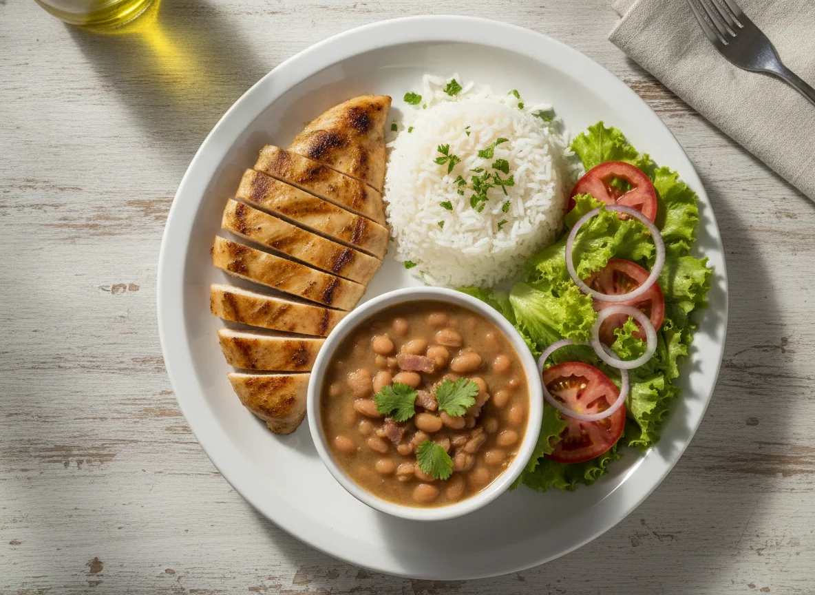 Prato feito de frango grelhado, arroz, feijão e salada photo