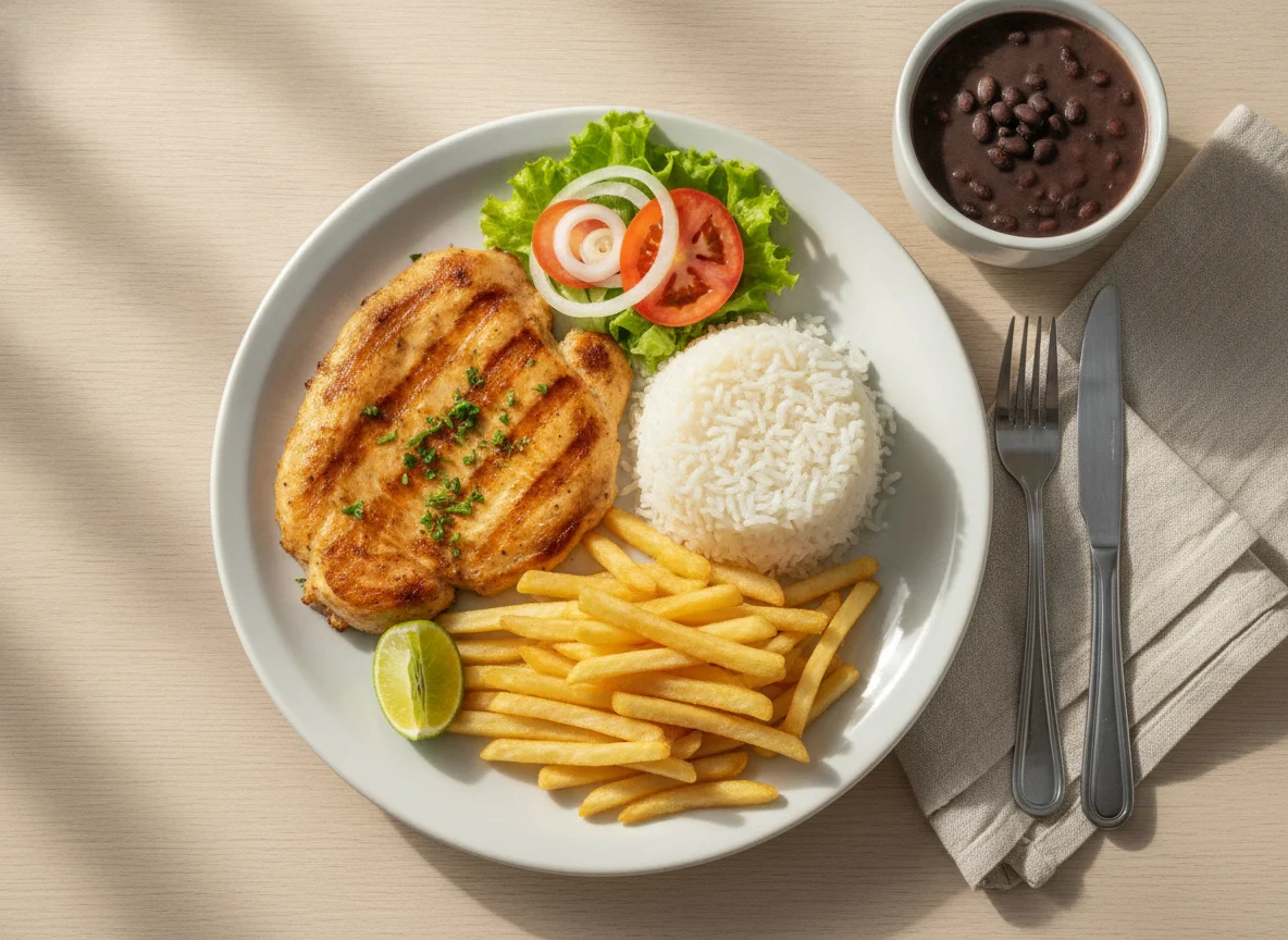 Prato Feito de Frango Grelhado com Arroz e Batata Frita photo