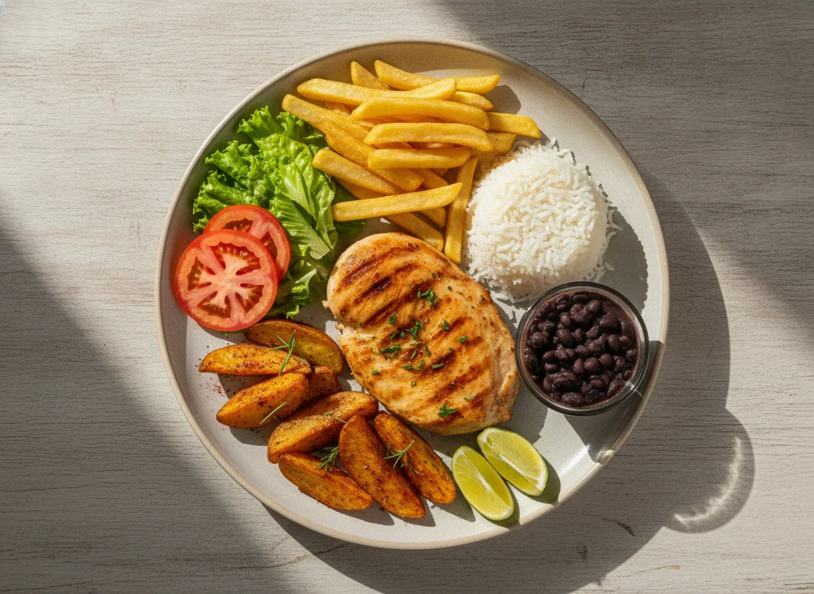 Prato Feito de Frango Grelhado com Arroz e Batatas photo