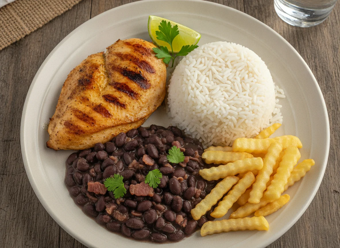 Prato Feito de Frango Grelhado com Arroz, Feijão e Batata Frita photo