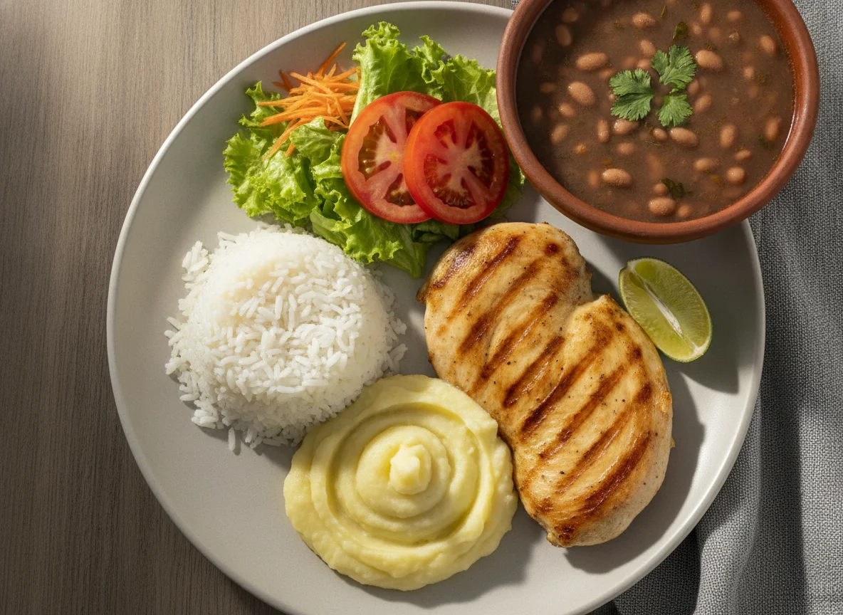Prato Feito de Frango Grelhado com Arroz, Feijão e Purê photo