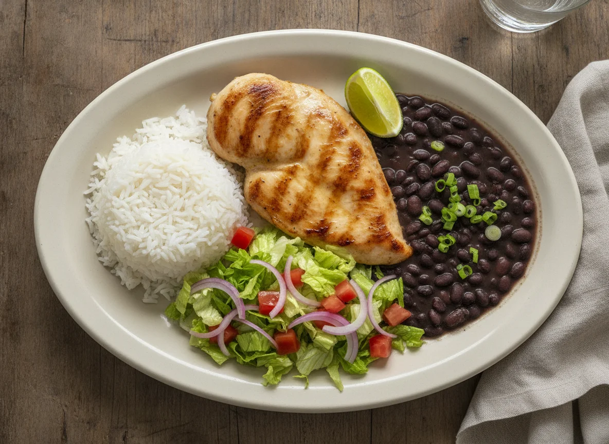 Prato feito de frango grelhado com arroz, feijão e salada photo