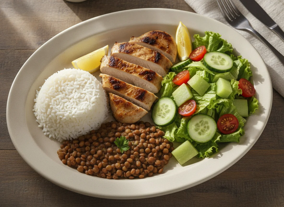 Prato feito de frango grelhado com arroz, lentilha e salada photo