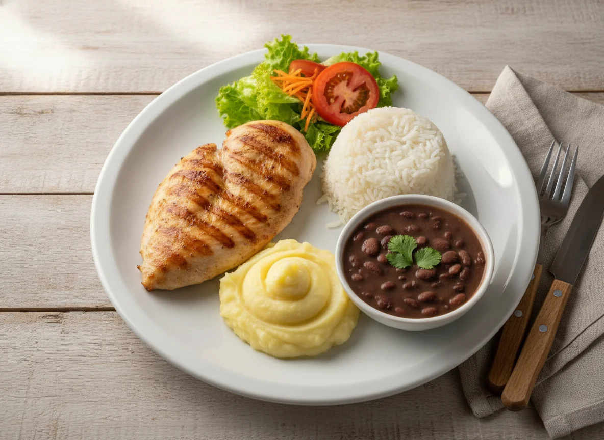 Prato Feito de Frango Grelhado com Arroz, Purê e Feijão photo