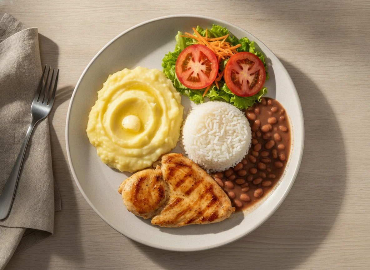 Prato Feito de Frango Grelhado com Purê e Arroz photo