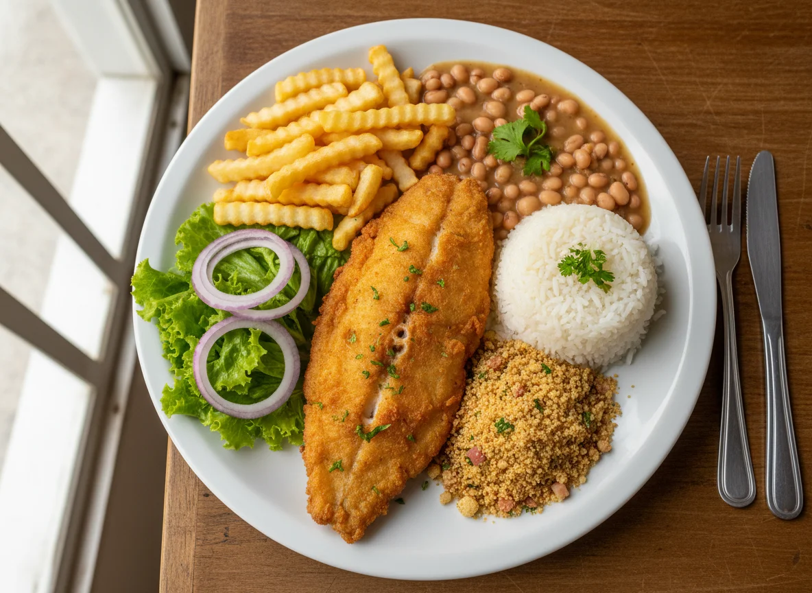 Prato feito de peixe frito com acompanhamentos photo