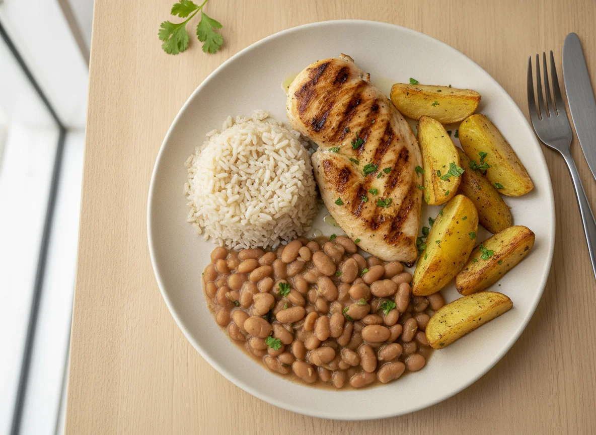 Prato Feito: Frango Grelhado, Arroz, Feijão e Batata Assada photo