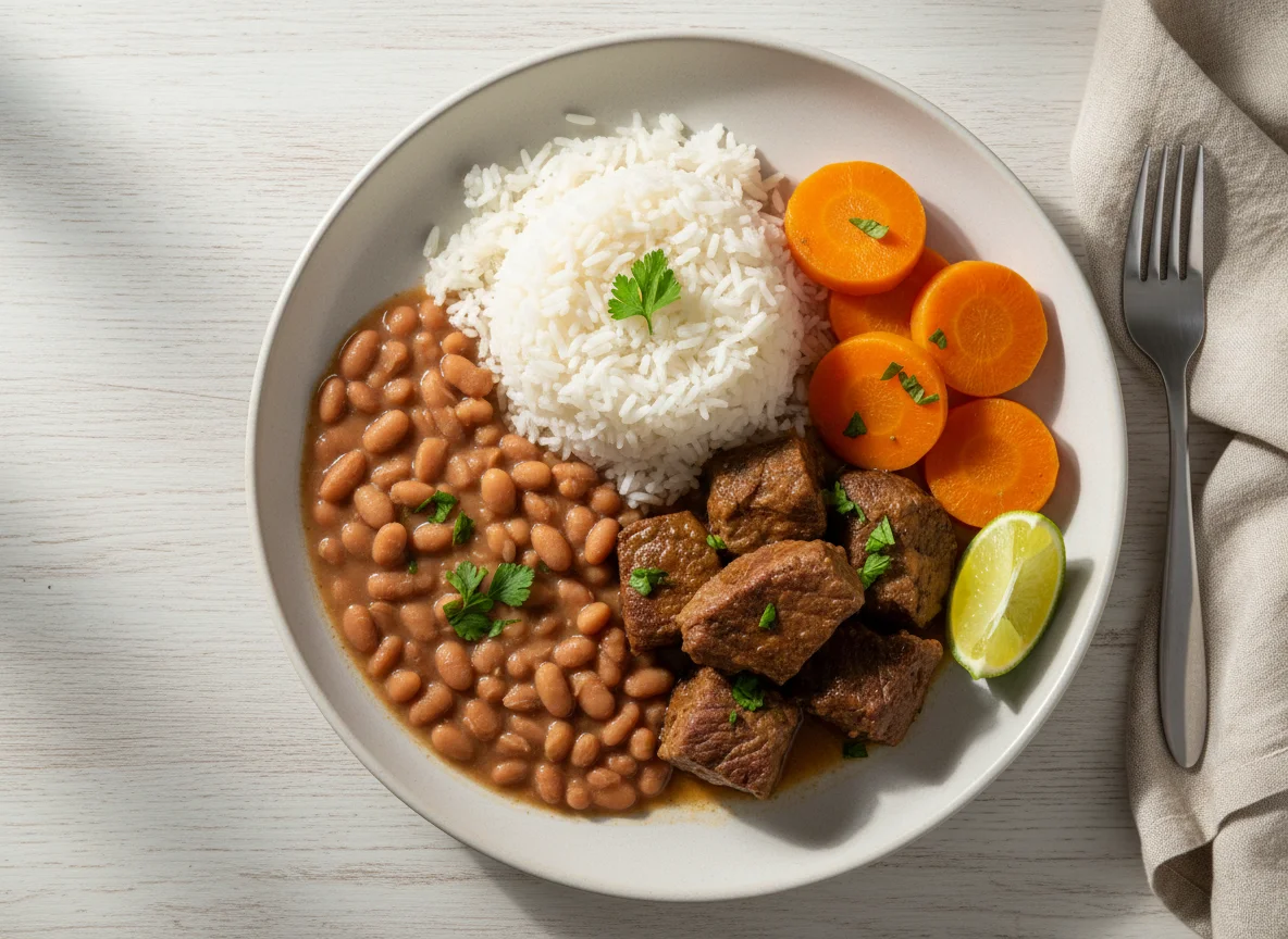 Prato Feito (PF) com Arroz, Feijão, Carne de Panela e Cenoura photo
