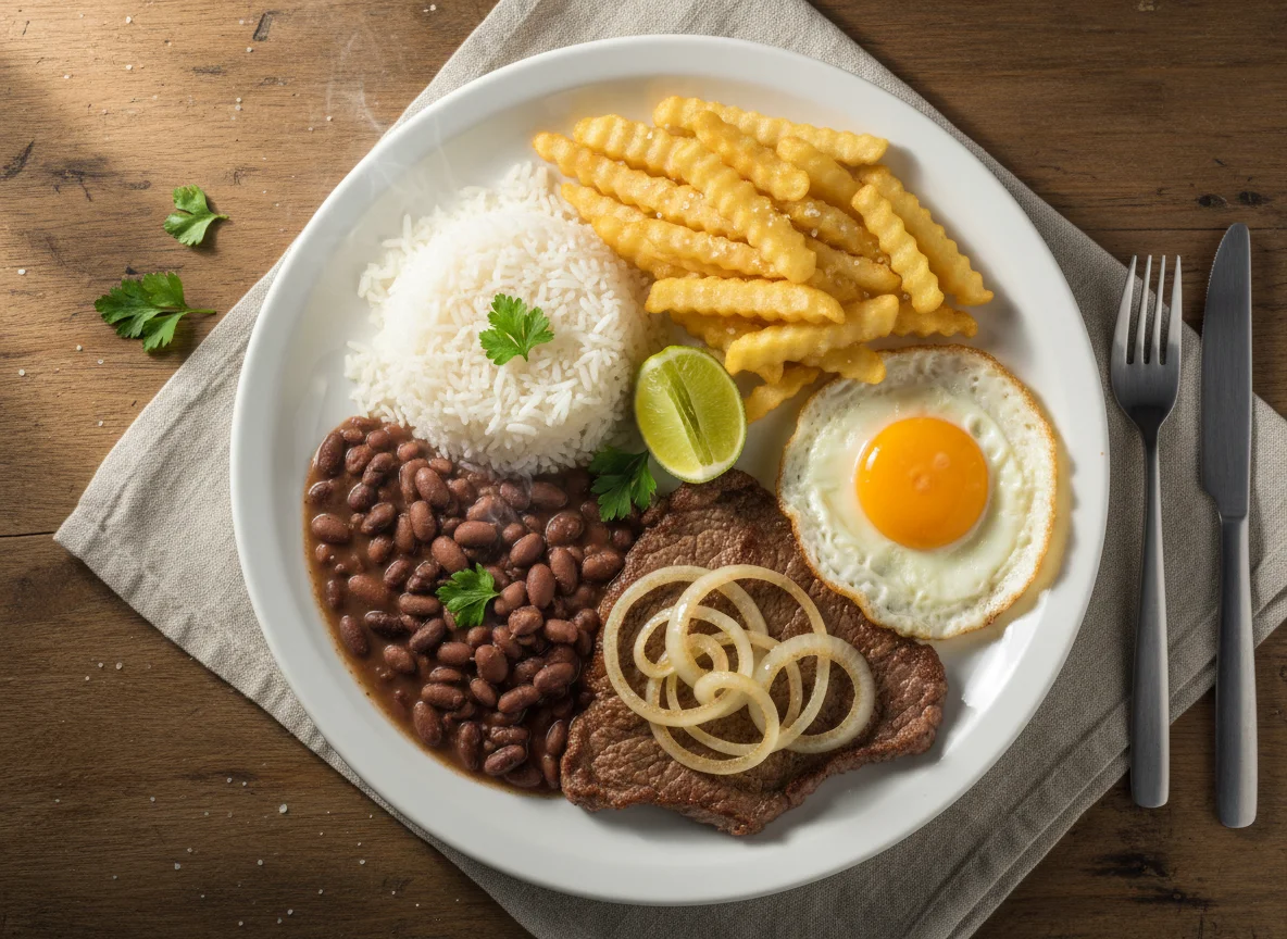 Prato Feito (PF) com Bife Acebolado, Arroz, Feijão, Ovo e Batata Frita photo