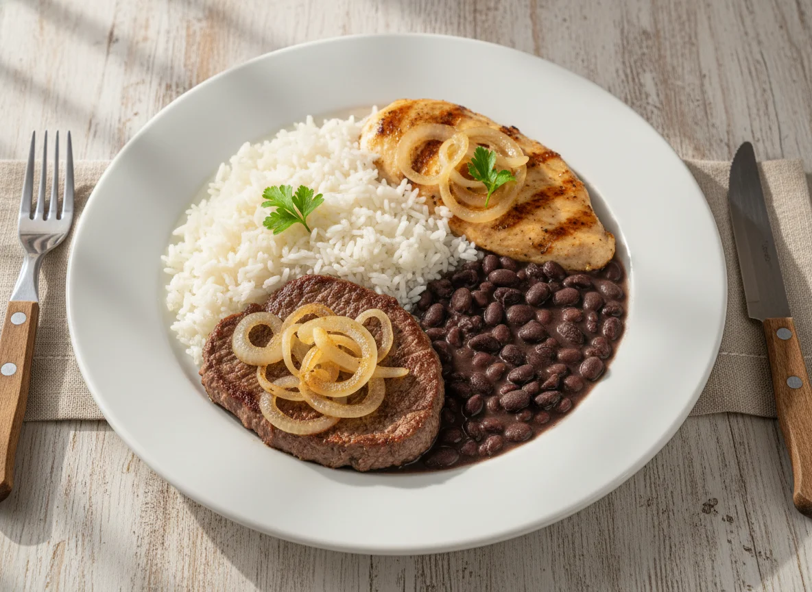 Prato Feito (PF) com Carne, Frango, Arroz e Feijão photo