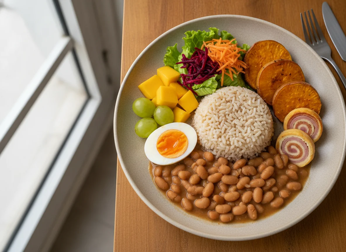 Prato Feito Saudável com Arroz, Feijão e Batata Doce photo