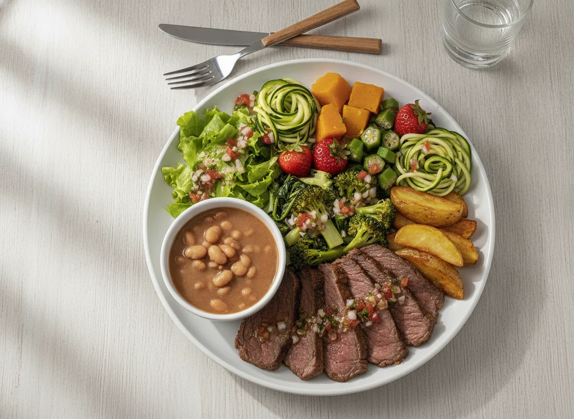 Prato Feito Saudável com Carne Assada e Vegetais photo