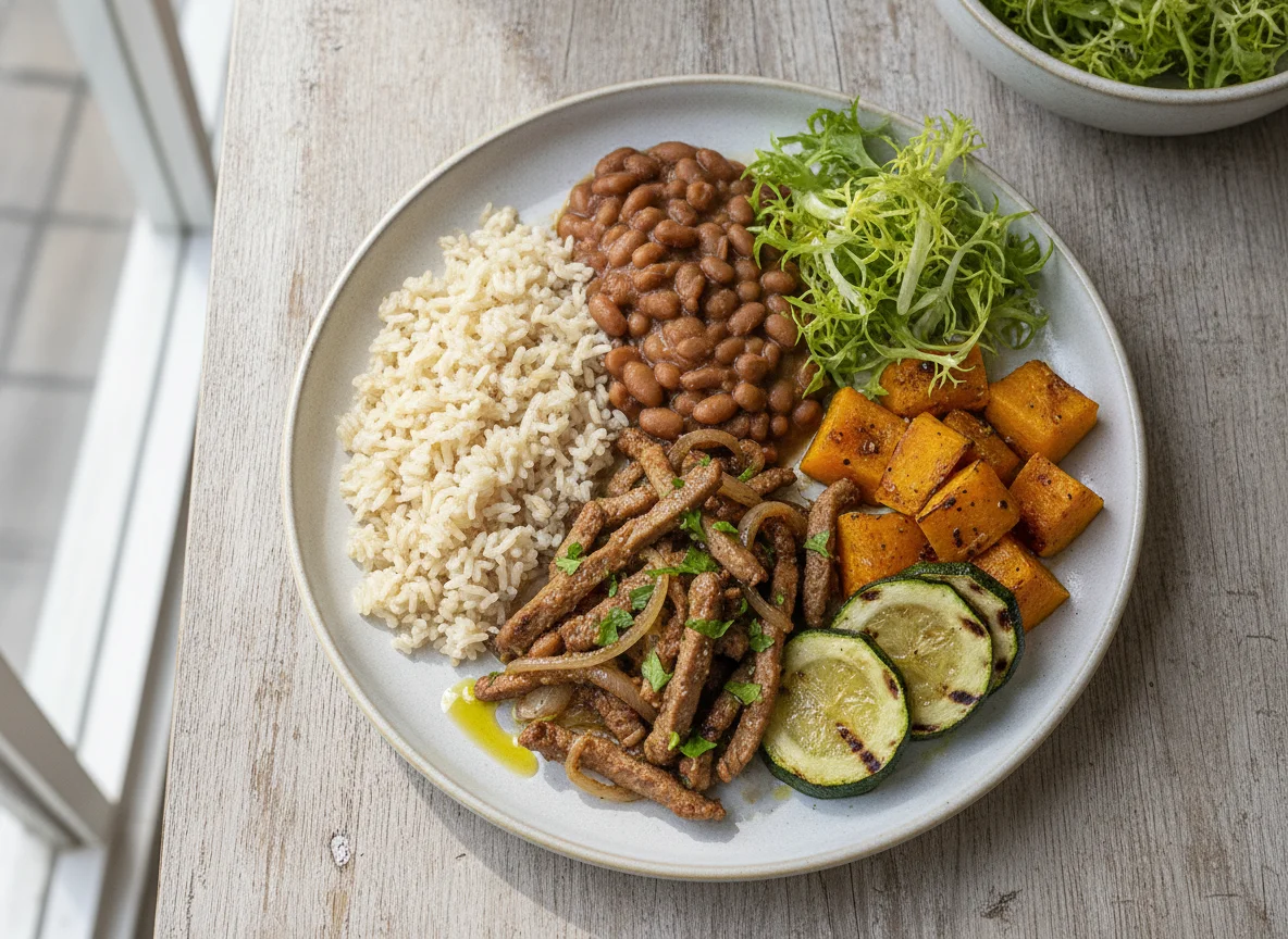 Prato Feito Saudável com Carne de Soja e Legumes photo